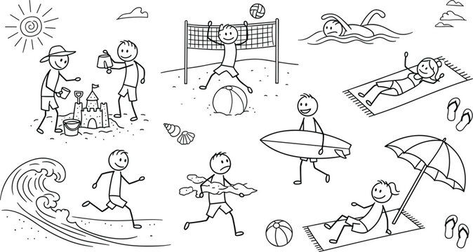 PrintHand drawn stick figure beach scenes collection with surfing volleyball sandcastle swimming sunbathing summer vacation activities in simple doodle vector illustration style