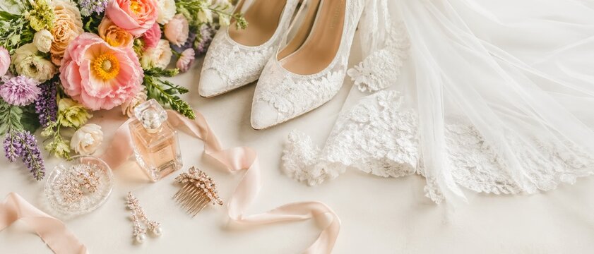 Elegant wedding flat lay with lace bridal shoes, flowing veil, pastel bouquet, perfume, ribbon and pearl jewelry on soft white background