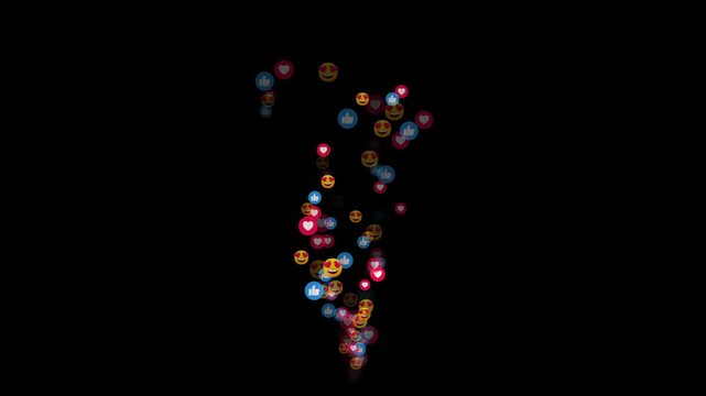 Social media reaction icons animation, floating emoji icons burst, like heart notification particles, engagement icons motion, colorful social reactions effect, vertical emoji stream animation