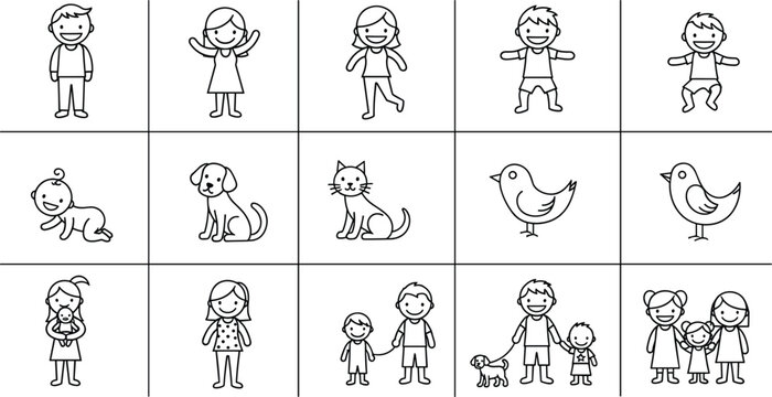 Stick figure character evolution set showing baby child adult family pets and birds in grid layout simple line vector illustration collection