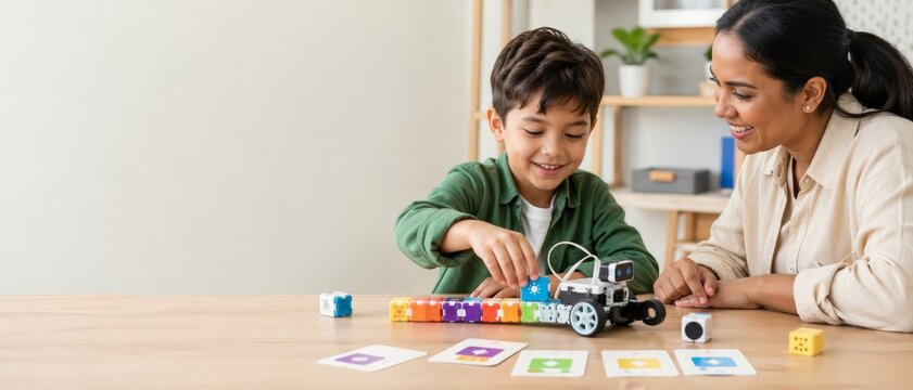 Smiling woman and child learning coding with educational robot, colorful blocks, and activity cards at a wooden table with copy space at home.