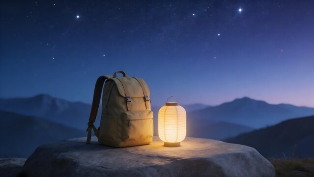 Backpack and lantern on rock under night sky