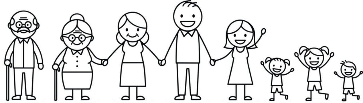 Stick figure multi generation family holding hands grandparents parents and children together unity concept in simple minimalist line vector illustration style