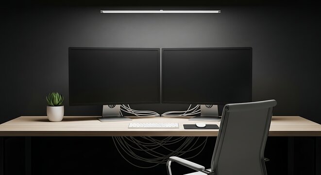 Modern dual monitor computer setup with ergonomic chair and plant on a clean desk in a dark office environment