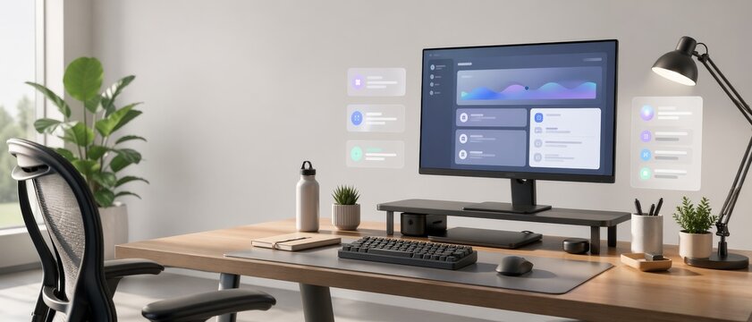 Realistic illustration of modern home office desk with monitor showing analytics dashboard, floating app panels, plants, lamp, and ergonomic chair