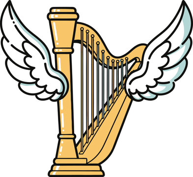 Harp vector illustration featuring elegant musical instrument design adorned with artistic white feathered wings isolated on white background for creative projects symphonic themes classical concerts 