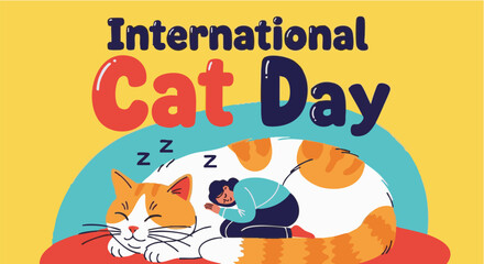 Fototapeta premium A giant Sleeping cats in colorful playful illustration for International Cat Day in vibrant flat design with bright colors