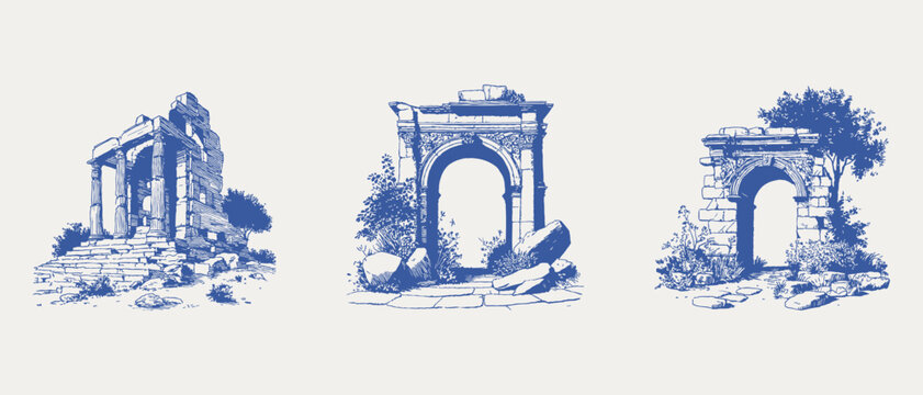 Ancient stone arches ruins classical architecture landscape sketch. Illustrations for wallpaper and prints, hand drawn pencil style with crisp lines and detailed textured shading.