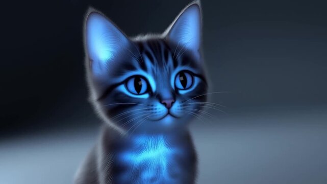 Static close up shot of tabby kitten turning head and gazing across indoor studio set with blue glowing lighting and soft low contrast backdrop