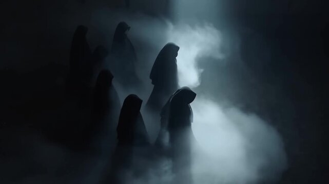 Tracking slow motion aerial shot of cloaked figures walking through dense fog in dark interior hall with backlit silhouettes
