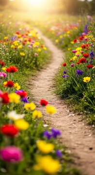 Sun-Drenched Path Winding Through Vibrant Spring Flowers