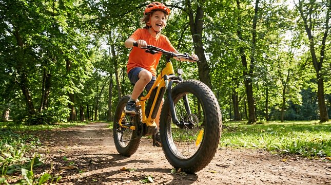 Energetic young boy wearing bright orange shirt rides rugged yellow electric bicycle through lush green summer park with beautiful light.