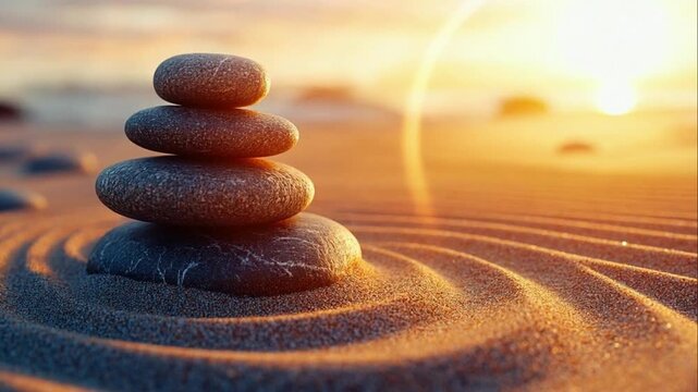 Zen stones on sandy beach sunset.