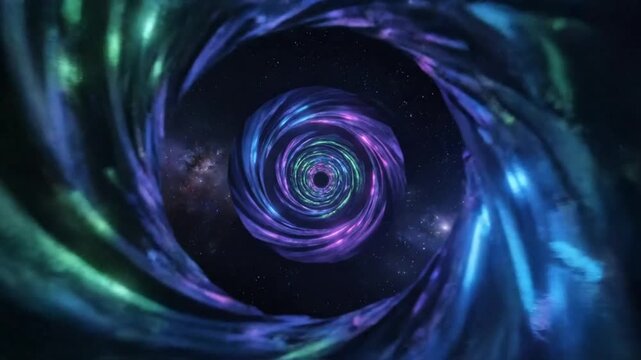 Abstract futuristic space tunnel with spiraling energy and starfield background for science fiction or visual design themes