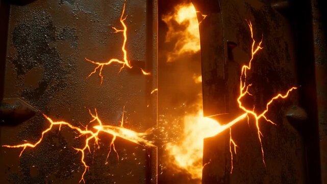 Slow motion close up of molten metal bursting through cracked industrial metal door with glowing sparks and fire inside rusted chamber