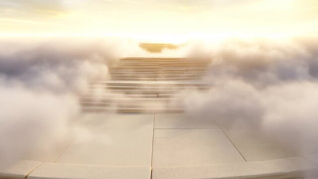 Aerial slow tracking shot of marble steps ascending through clouds toward sunrise horizon over misty sky on raised stone platform path leading upward