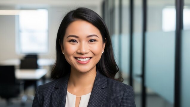 Confident and approachable young Asian businesswoman with a warm, genuine smile, wearing a tailored dark grey suit and cream blouse, posing for a close-up portrait in a modern, brightly lit office