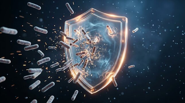 Shield protecting against bacteria with glowing hexagonal defense barrier illustrating immune system and infection prevention concept