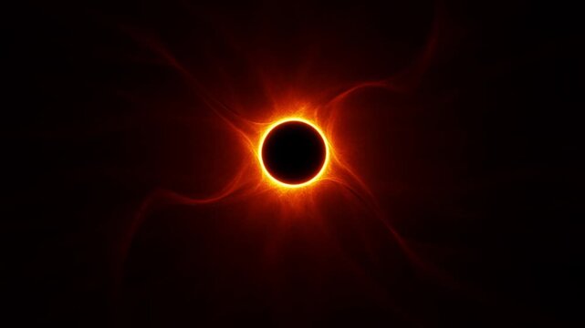 Slow zoom in of solar eclipse corona pulsing and rotating against dark outer space background with flowing plasma streams