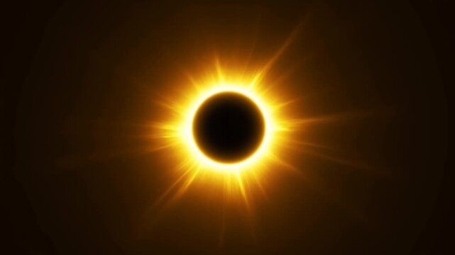 Static shot of solar eclipse showing dark moon disk blocking sun with glowing corona rays radiating in deep space void