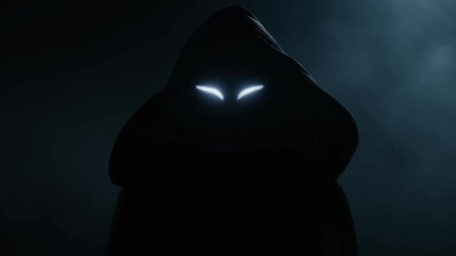 Slow dolly in of hooded figure with glowing eyes emerging and revealing face in foggy dark environment with backlit blue mist