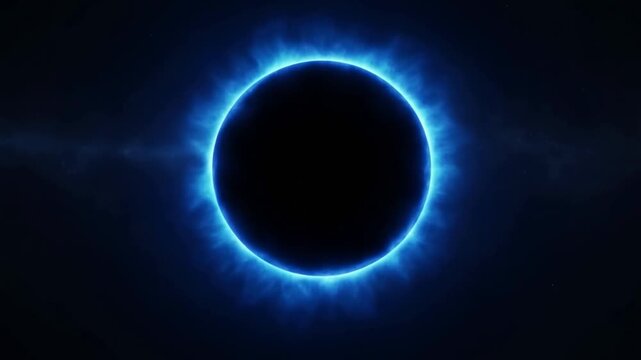 Slow zoom inward shot of black orb with blue corona intensifying around eclipse like planet in deep outer space void