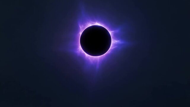 Static shot of solar eclipse with purple corona pulsing around black disk against dark cosmic sky background