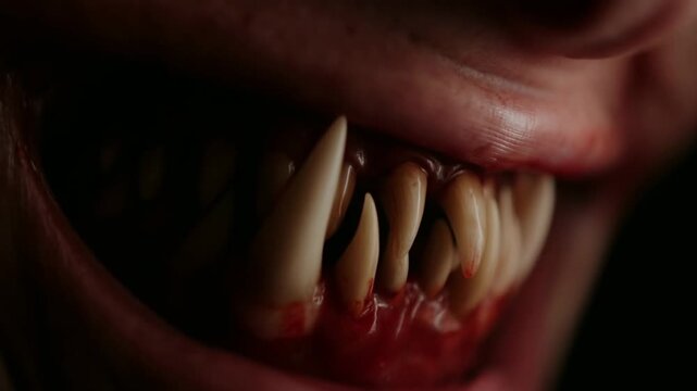 Tracking slow motion close up of creature mouth snarling and revealing sharp bloody teeth inside dark intimate interior