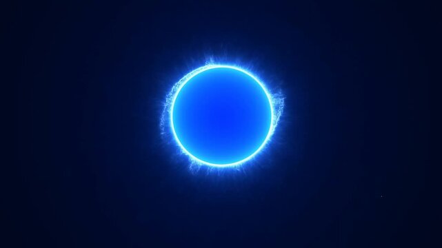 Static slow motion close up shot of glowing blue orb pulsating with electric corona against dark cosmic void background