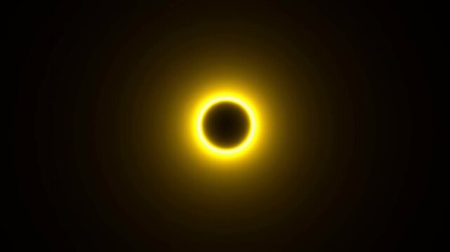 Slow motion static shot of solar eclipse with glowing corona and radial halo over dark outer space background