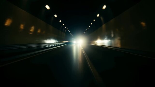 Tracking shot of car approaching oncoming headlights while driving forward through urban tunnel at night with wet reflective walls