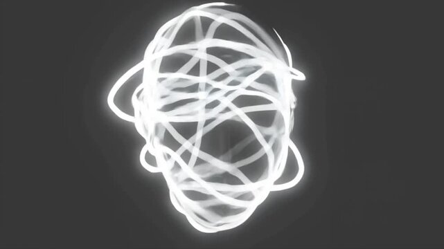 Slow motion static shot of glowing scribble lines forming and expanding into abstract head silhouette on dark studio background