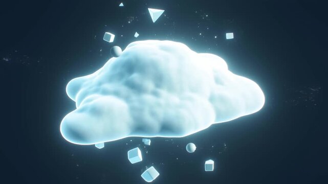 Slow dolly in glowing digital cloud floating and shedding geometric particles over dark space void in virtual studio environment