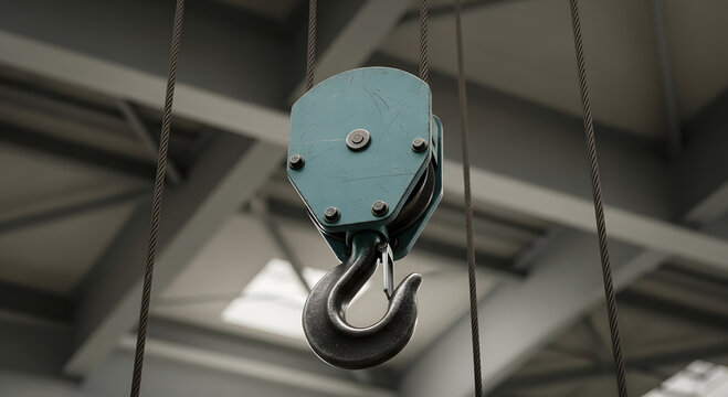 Industrial heavy duty teal crane hook and pulley assembly suspended by thick steel cables within a factory setting ready for lifting