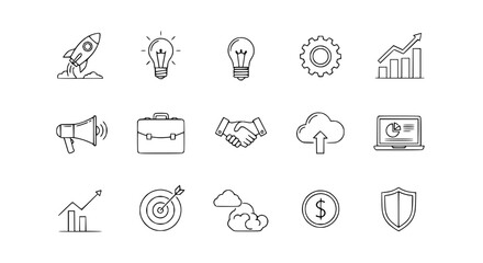 Fototapeta premium Business Startup Icons: Rocket, Lightbulb, Gear, Graph, Megaphone, Briefcase, Handshake
