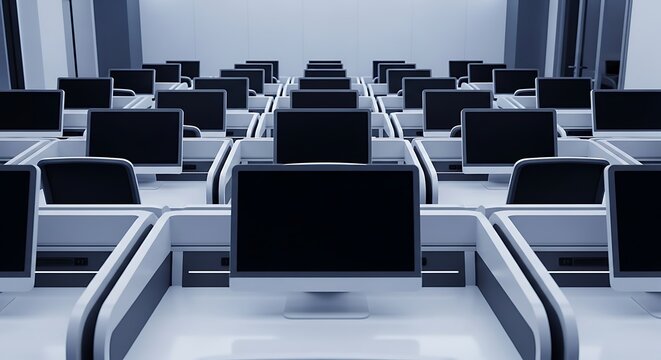 Modern computer lab with rows of workstations and monitors, a clean and organized space for learning and technology