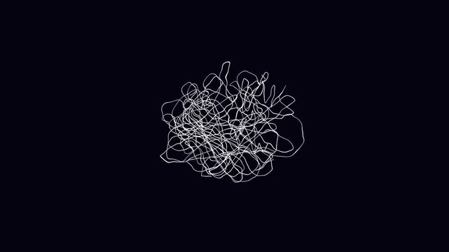 Chaotic hand-drawn white scribble lines animation forming tangled abstract shape. Messy doodle sketch motion graphic element on isolated black background