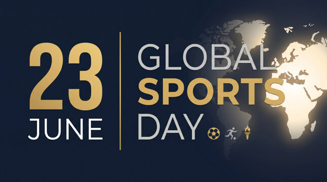 Global sports day june 23 poster with world map background representing international athletic celebration fitness awareness teamwork and active lifestyle banner design