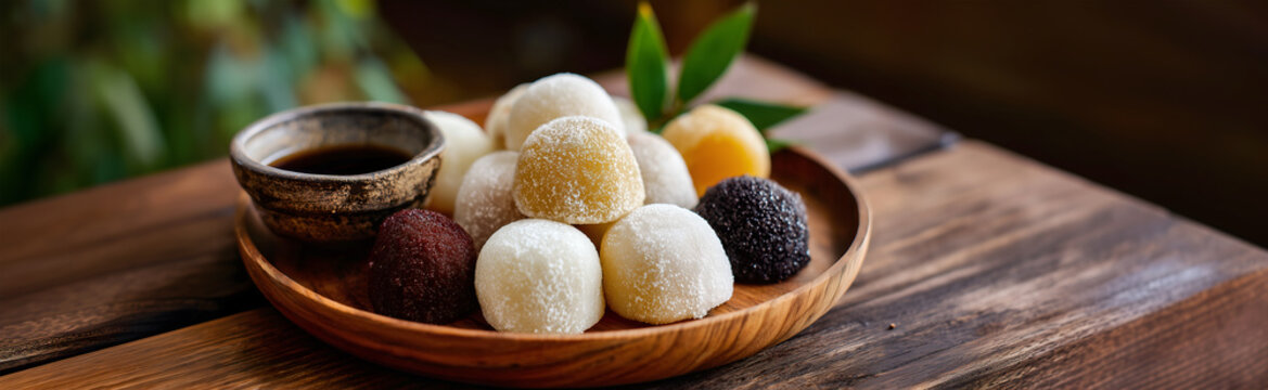 Creative food template. Rustic Plate of daifuku mochi Daifukumochi wagashi rice flour Japanese dessert of different flavour colour on long wooden table. copy text space