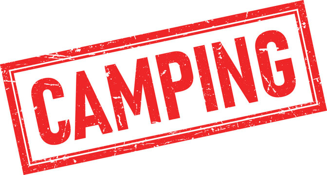 Distressed Red Rubber Stamp Impression of CAMPING with Border on White Background