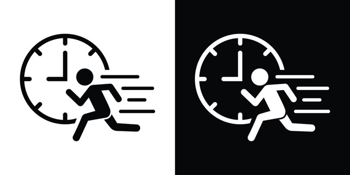 Conceptual vector icon showing a person running against time. Represents urgency, deadline, efficiency, and time management. Perfect for business, productivity, and project management graphics.