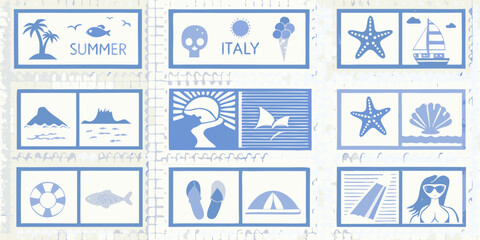Fototapeta premium stamp style summer illustrations with blue and white colors high quality professional detailed modern elegant