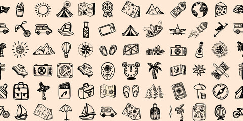 Fototapeta premium travel icons set in black and white line art style on beige background high quality