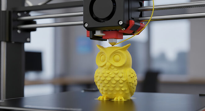 3D printer creates a yellow owl model with precision, showcasing modern technology and innovation