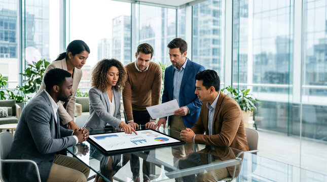 Multiracial business team analyzing financial data on a large digital tablet in a modern office.