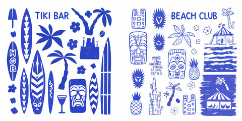 Fototapeta premium tropical themed illustrations with surfboards masks flowers and beach club elements high quality professional detailed