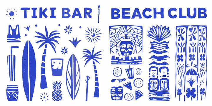 tiki bar beach club icons in blue vector style on white background high quality professional