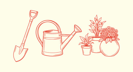 Hand Drawn Gardening Tools Set with Shovel Watering Can and Potted Plants Vector Illustration Icon © Tajul