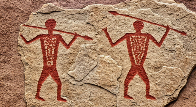 Vibrant red prehistoric human figures with spears depicted on ancient stone, showcasing early human art and cultural history