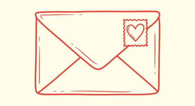 Hand Drawn Red Love Letter Envelope with Heart Stamp Icon Vector Illustration on Light Background